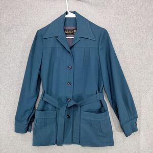 Vintage Highland Queen Belted Coat Womens Sz 12 100% Wool Teal Button Down Lined